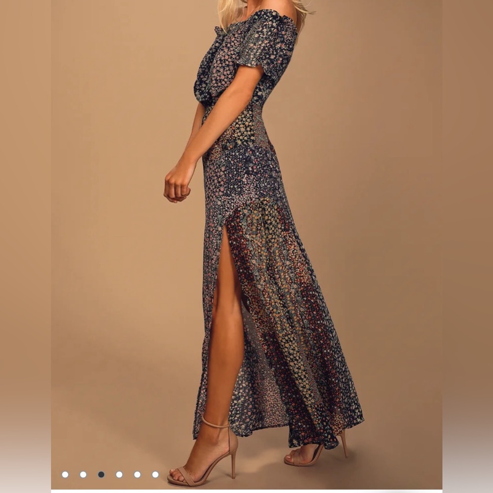 Neva Navy Blue Floral Print Off-the-Shoulder Maxi Dress